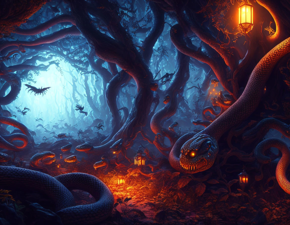 Enchanted forest with glowing lanterns, serpents, and mysterious birds