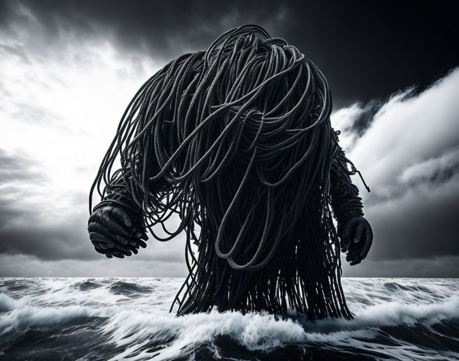 Surreal monochromatic image: figure with rope body in stormy ocean.