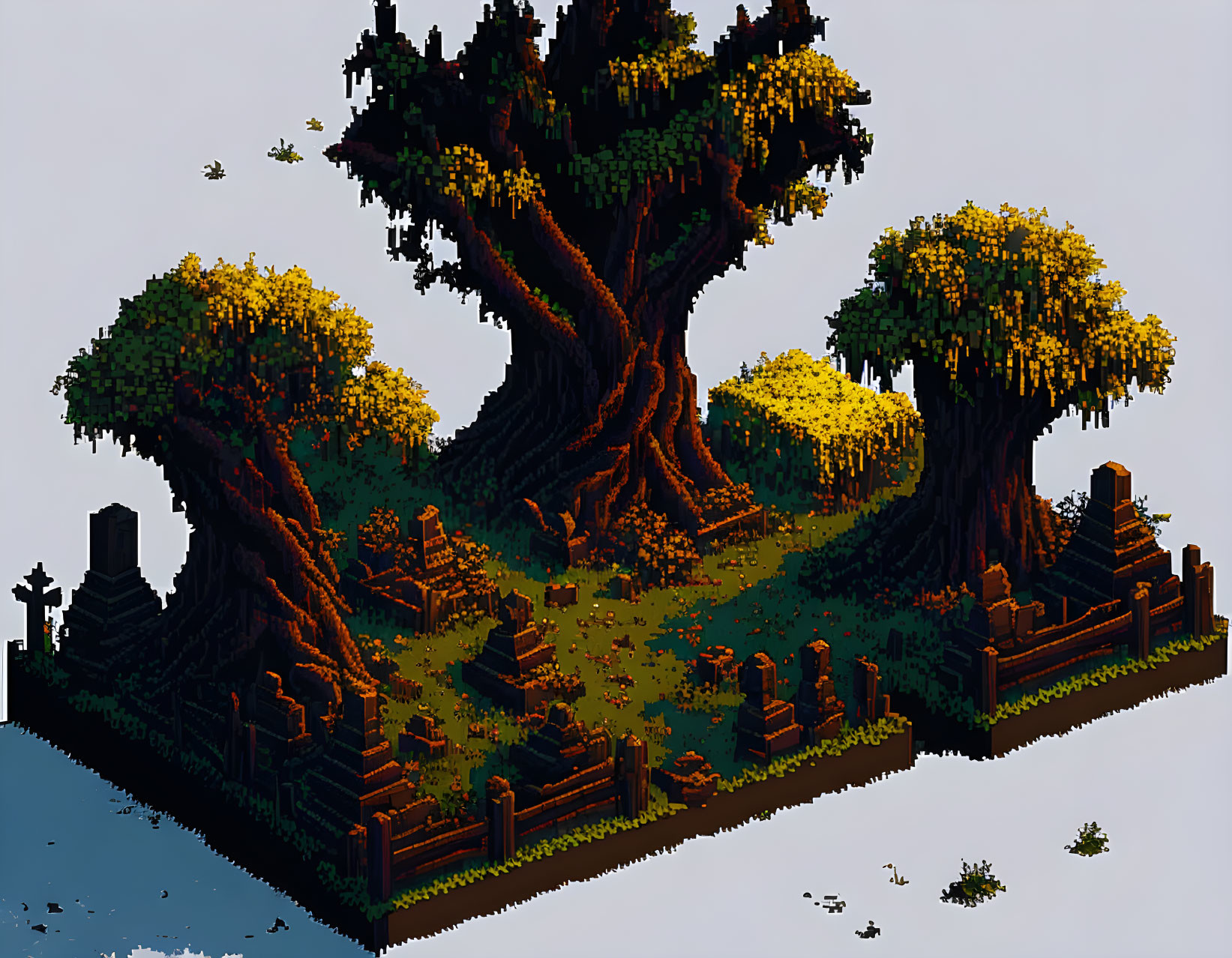 Serene pixel art of ancient grove with towering tree, lush grass, ducks, and aged ruins