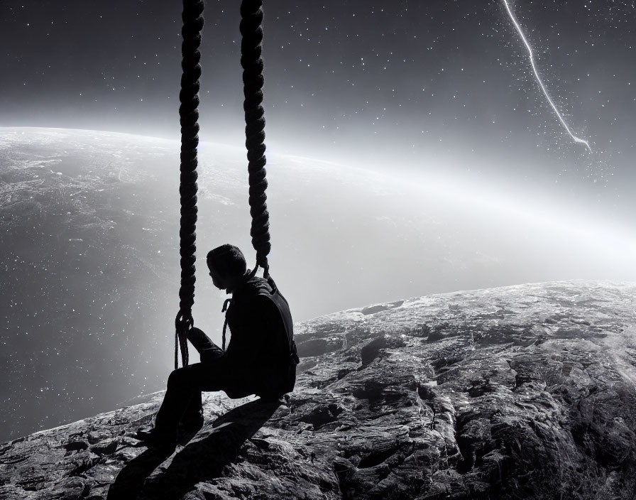 Person on swing with Earth's curvature and comet in starry sky