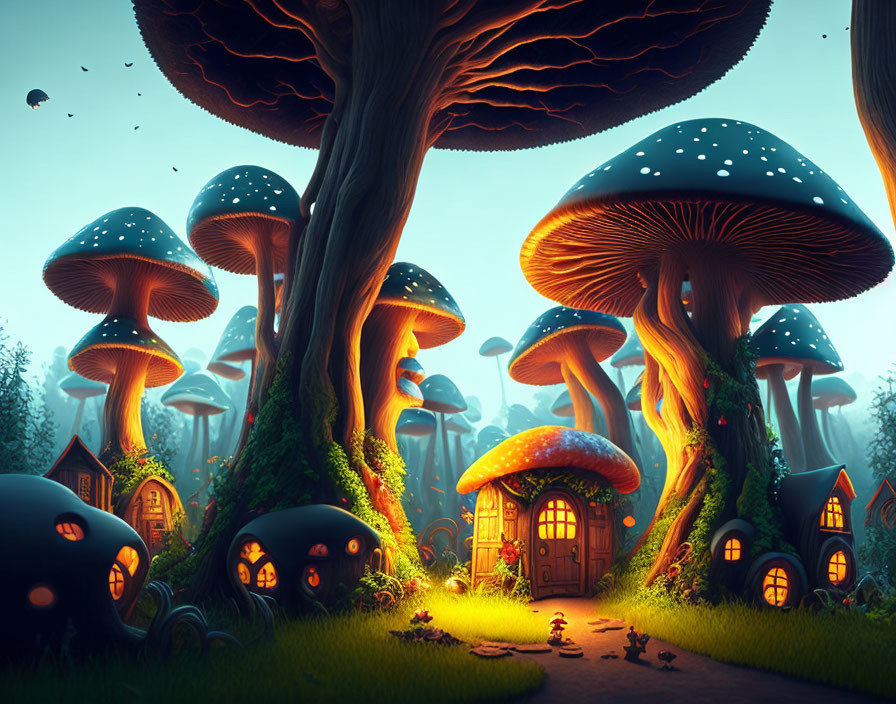 Enchanting forest scene with oversized luminous mushrooms and tiny houses