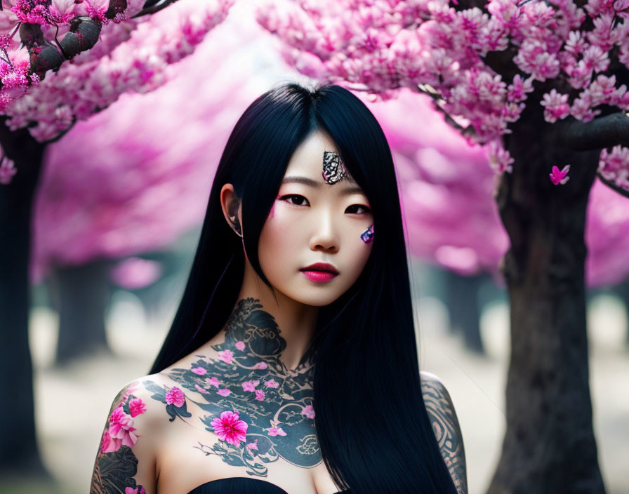 Black-Haired Woman with Tattoos and Floral Adornment in Pink Blossoming Trees