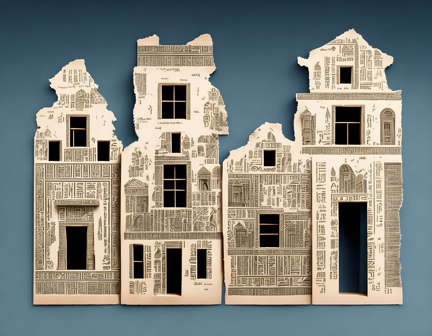 Intricate Paper Cut-Out Art Pieces of Detailed Buildings on Blue Background