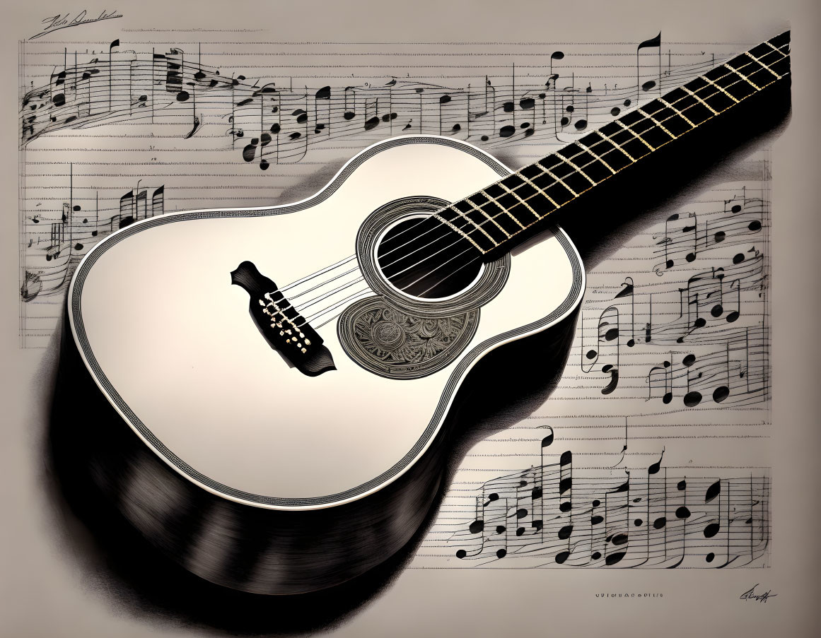 Monochrome classical guitar on sheet music background