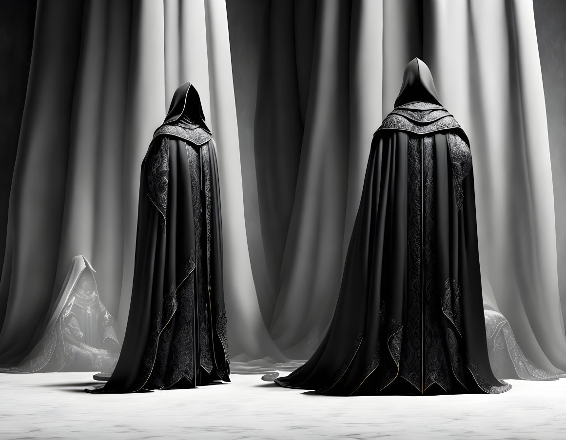 Two figures in ornate black cloaks facing each other against a draped curtain backdrop.