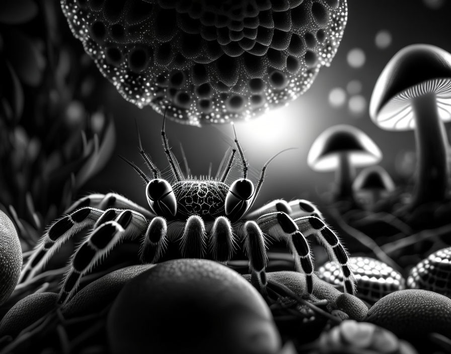 Detailed Monochromatic Spider in Fantastical Mushroom Setting