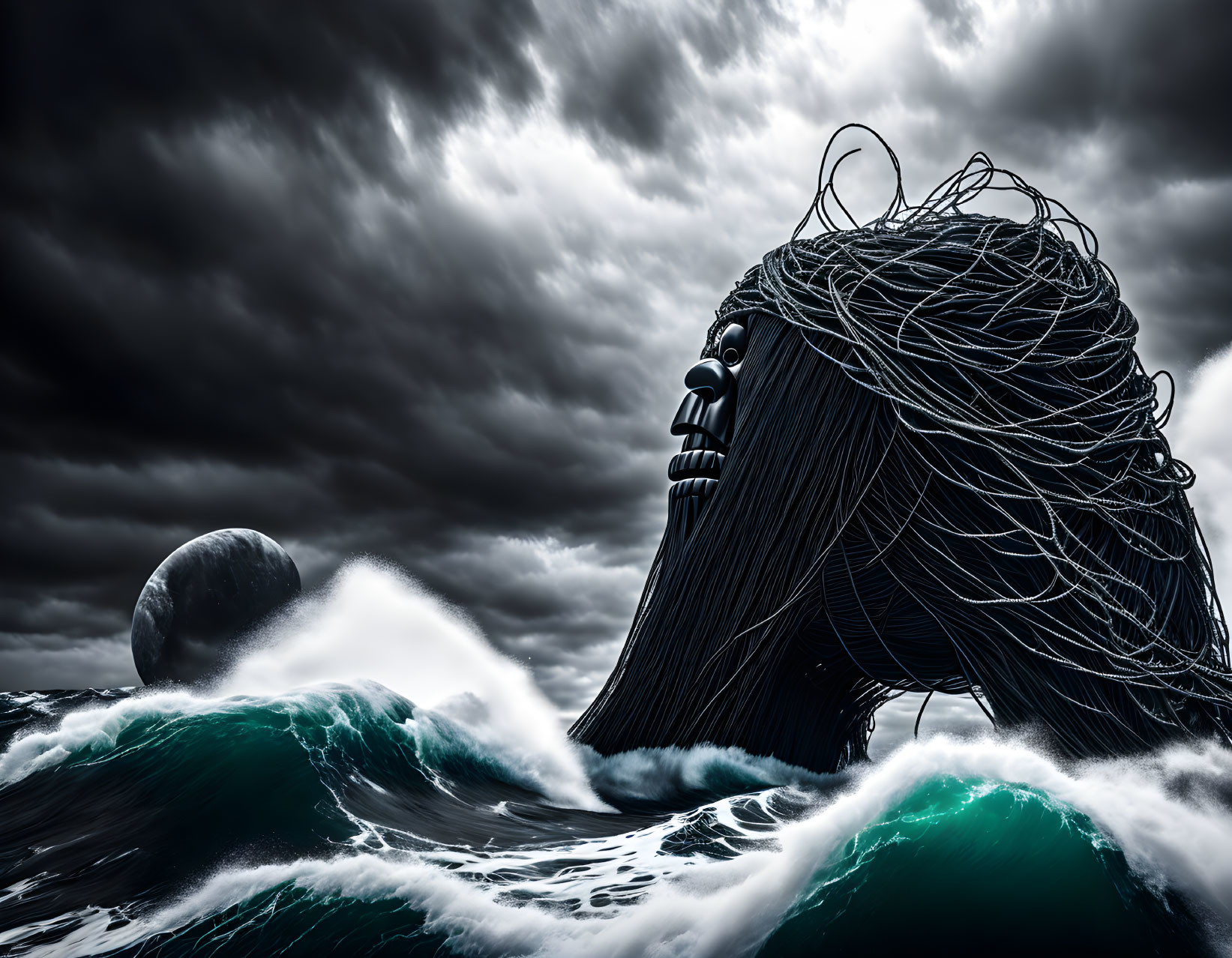 Gigantic dark head in stormy ocean waves under cloudy sky.