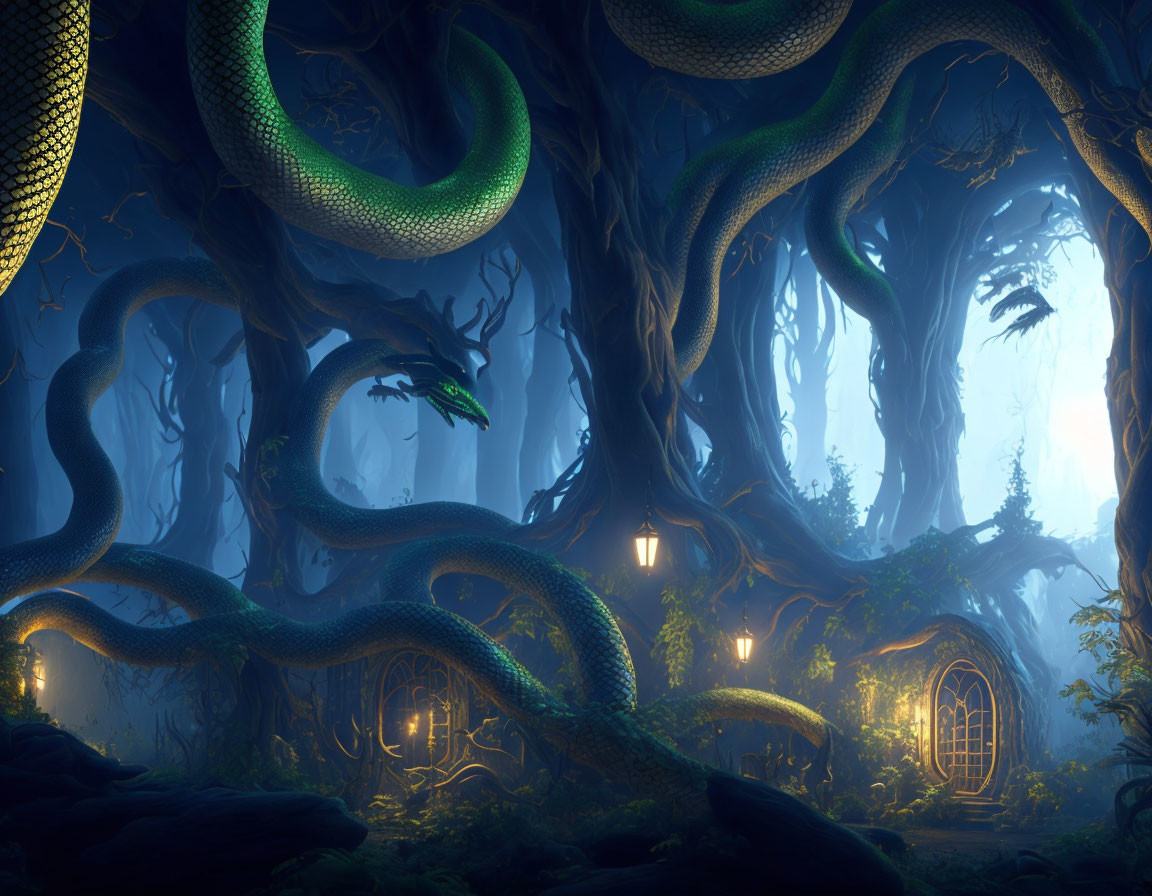 Mystical forest with glowing doorways, twisting snakes, and blue light