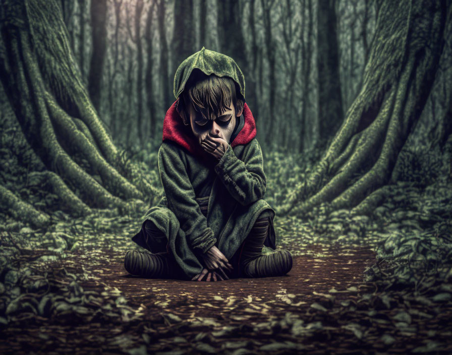 Child in green cloak on forest path with twisted trees: a fairy-tale scene