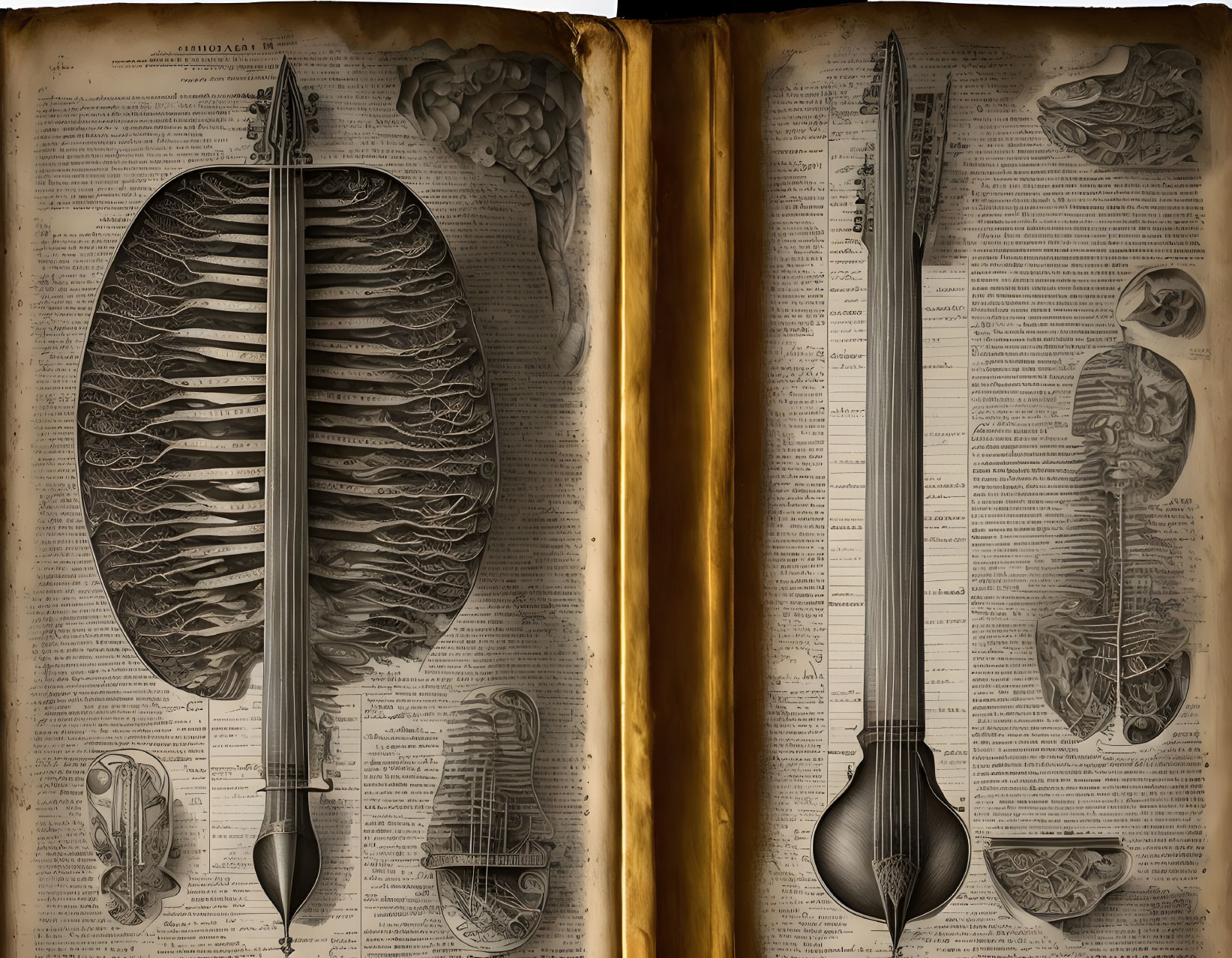 Stringed instruments and anatomical studies on vintage pages.