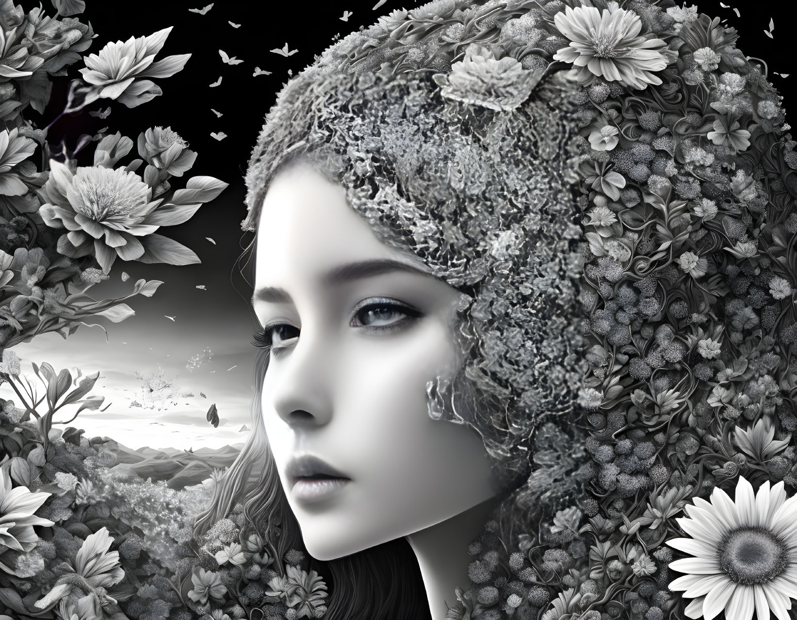 Monochrome artistic image of woman's face with flower-covered head.