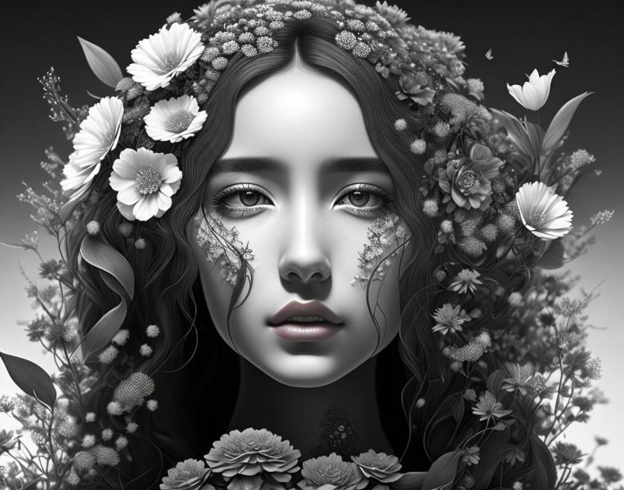 Monochromatic portrait of a woman with floral wreath and intricate hair blooms.