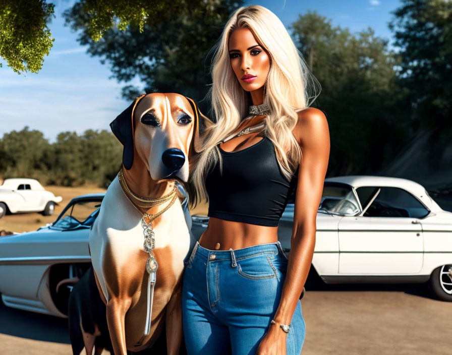 Woman in Black Top with Large Dog and Classic Car in Background