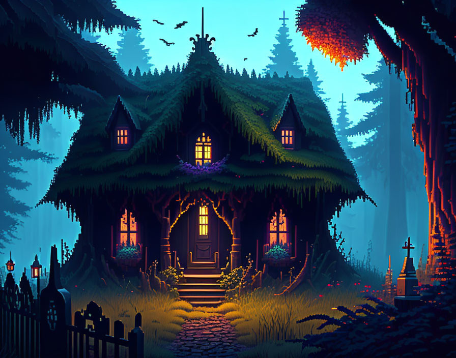 Mystical cottage in dusky forest with warm lights and encroaching darkness