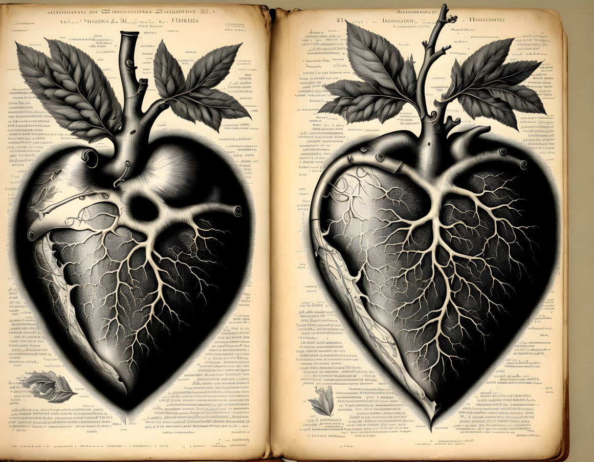 Vintage Anatomical Heart Diagrams on Aged Book Pages