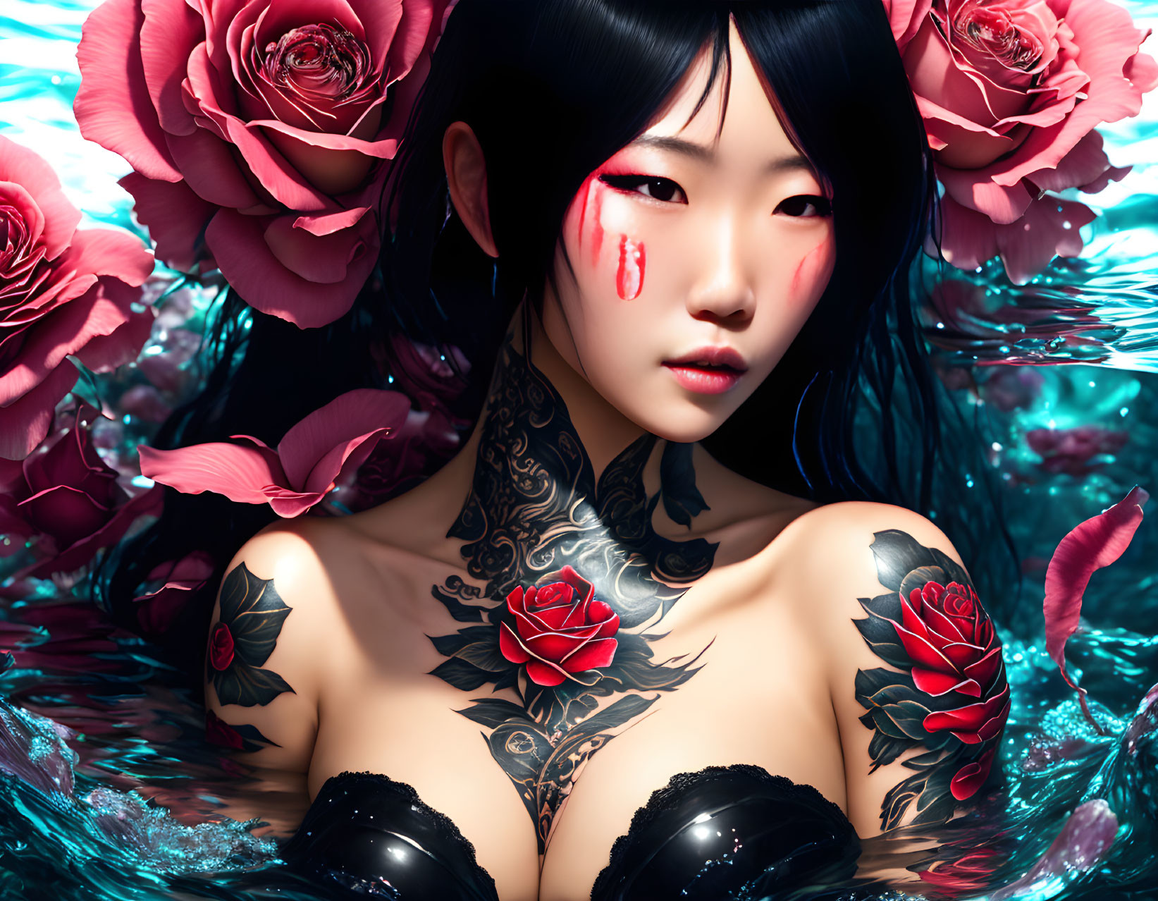 Woman with tattoos and black hair in blue water with blooming roses and blood tear.