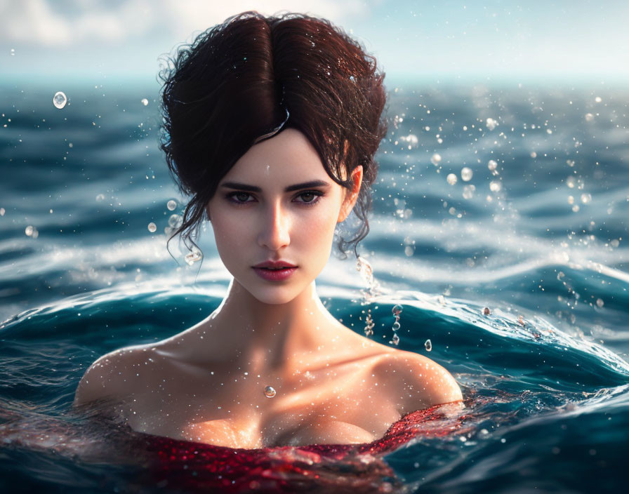 Dark-haired woman emerges from the sea with sparkling water droplets, serene ocean waves in the background