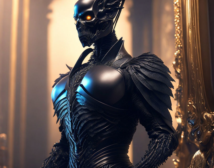 Detailed humanoid robotic figure with black exoskeleton and golden eyes