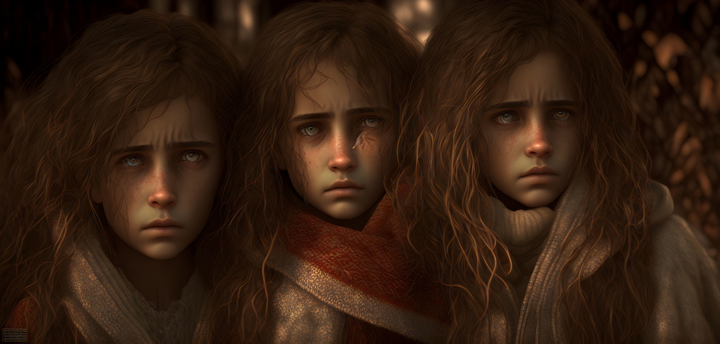 Three young girls in warm clothing standing before a dark forest backdrop, expressing contemplative moods.