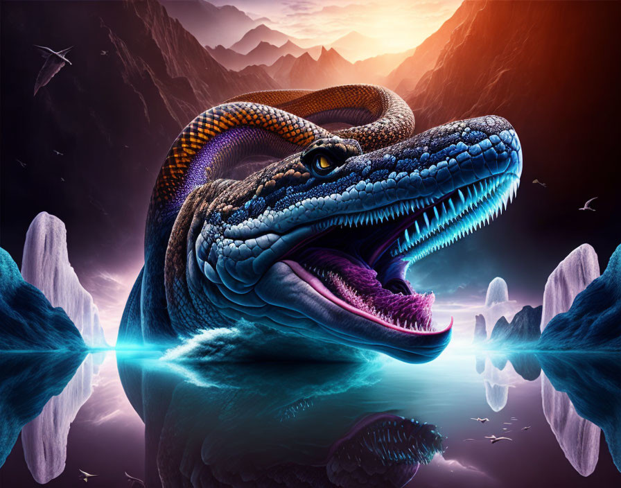 Digital Artwork: Colossal Serpent in Mystical Landscape