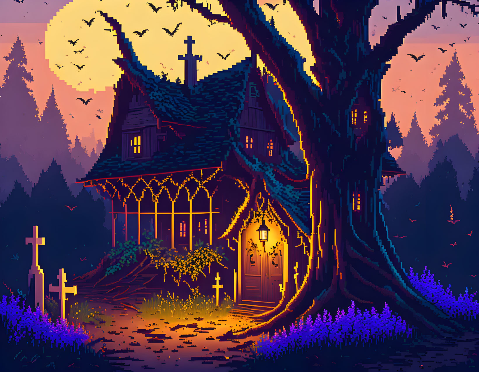 Spooky house pixel art with tree, graveyard, bats, and full moon