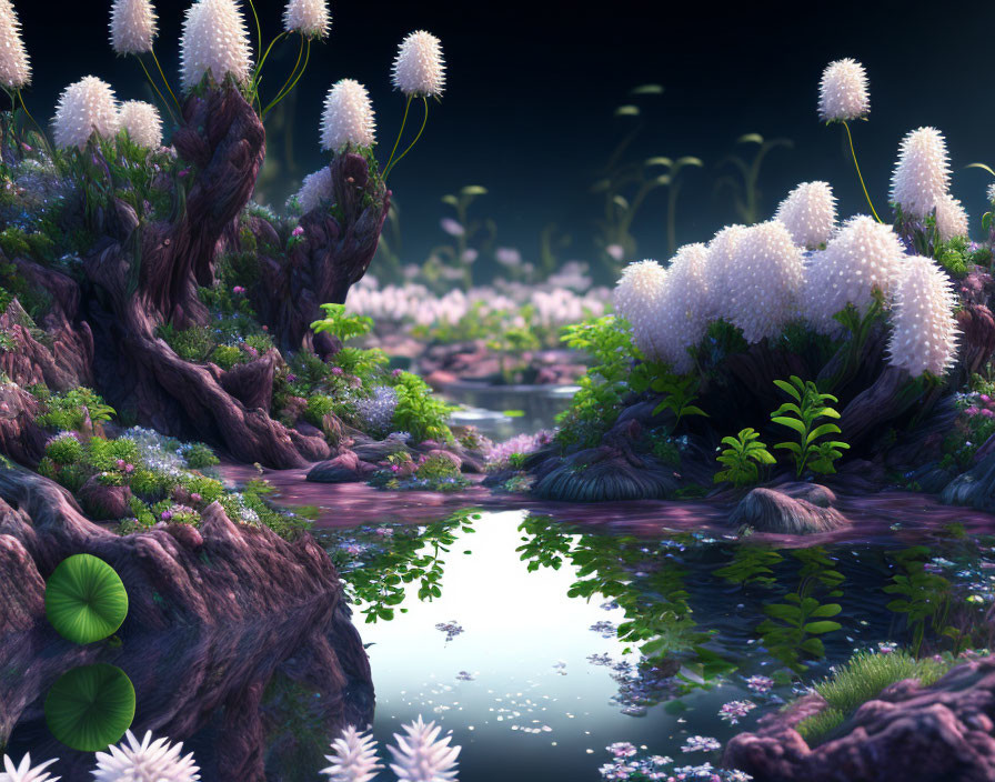 Tranquil landscape with dandelion-like flowers, pond, and twisted tree trunks