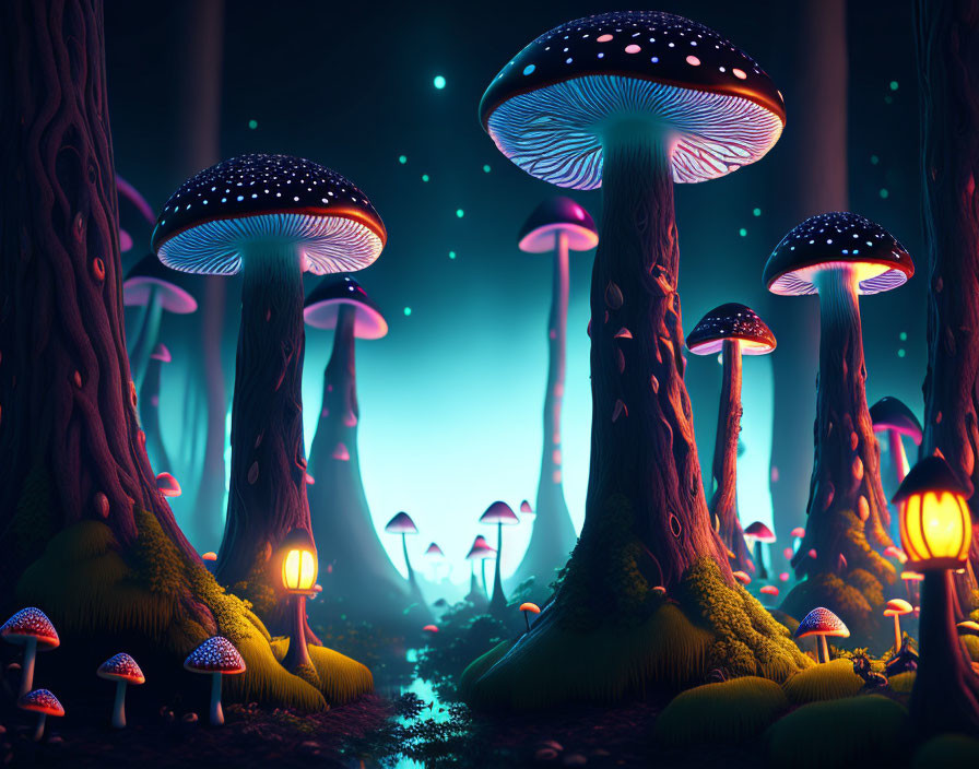 Enchanted forest with oversized glowing mushrooms under starry sky