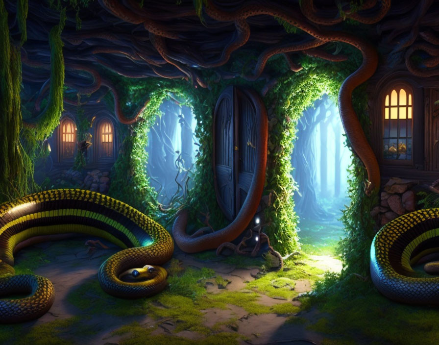 Fantasy forest with oversized serpents, ancient door, and mystical glow