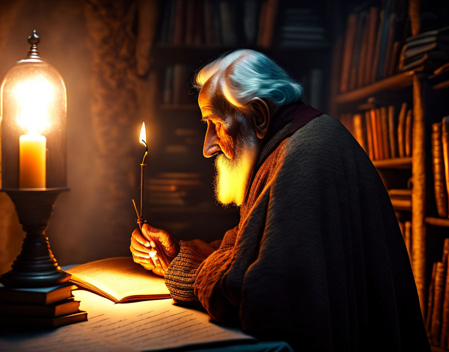 Elderly person writing by candlelight in dimly lit room