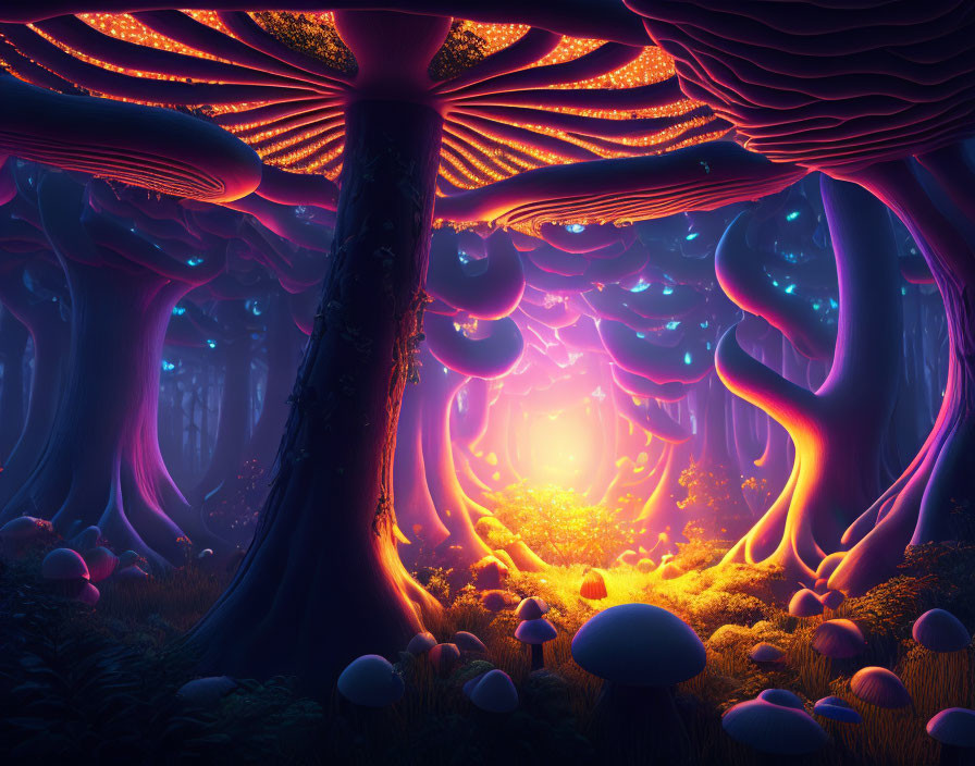 Enchanted Forest with Glowing Mushrooms and Trees