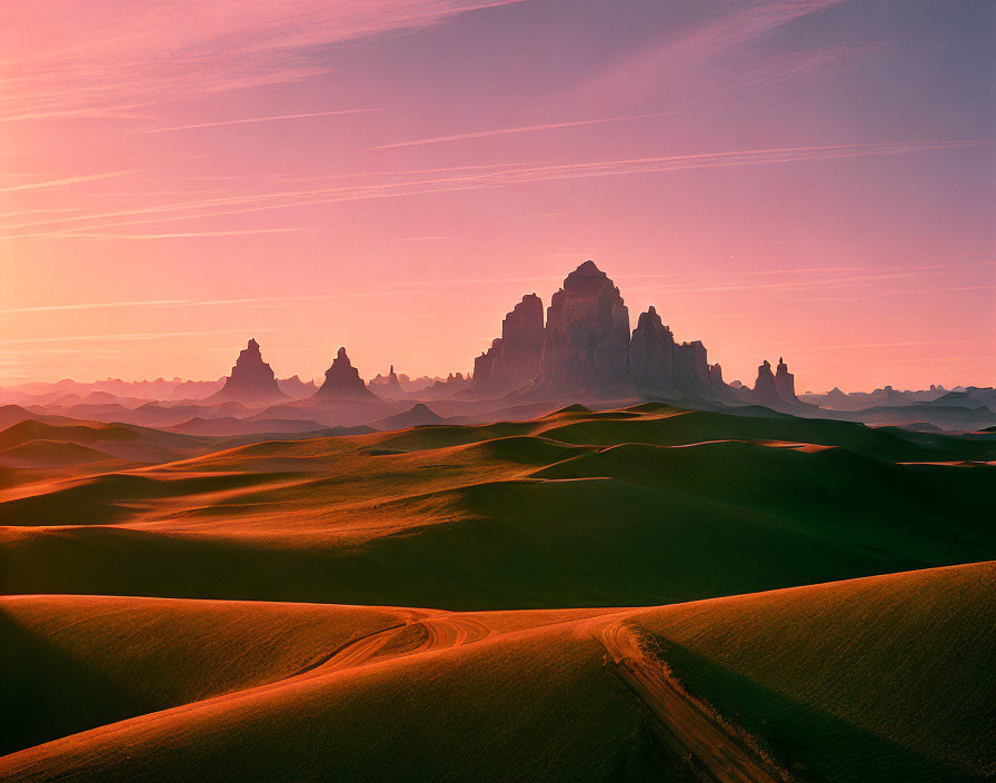 Sunrise Desert Landscape: Sand Dunes and Rock Formations in Pink Sky