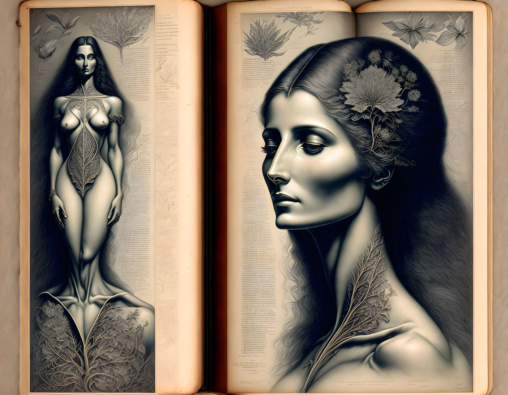 Illustrated open book with stylized female figures and botanical motifs