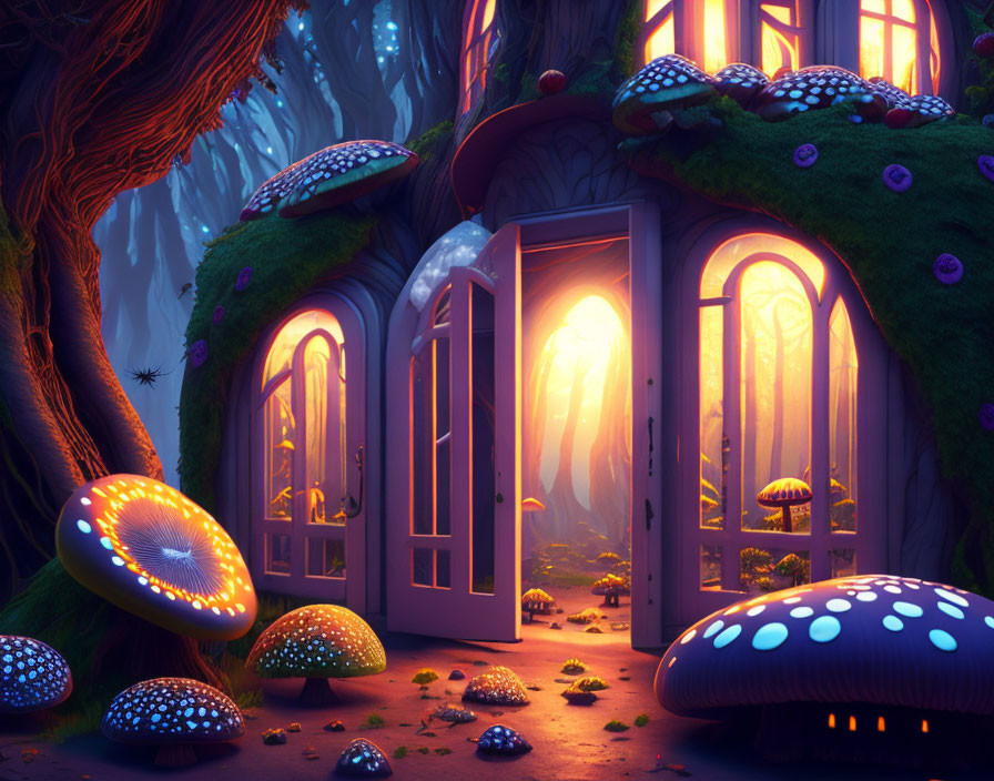 Enchanting forest scene with glowing mushrooms and cozy treehouse.