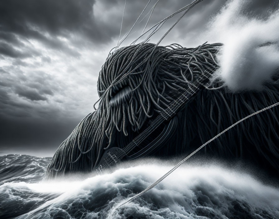 Monochrome ship's bow with coiled ropes in turbulent ocean waves