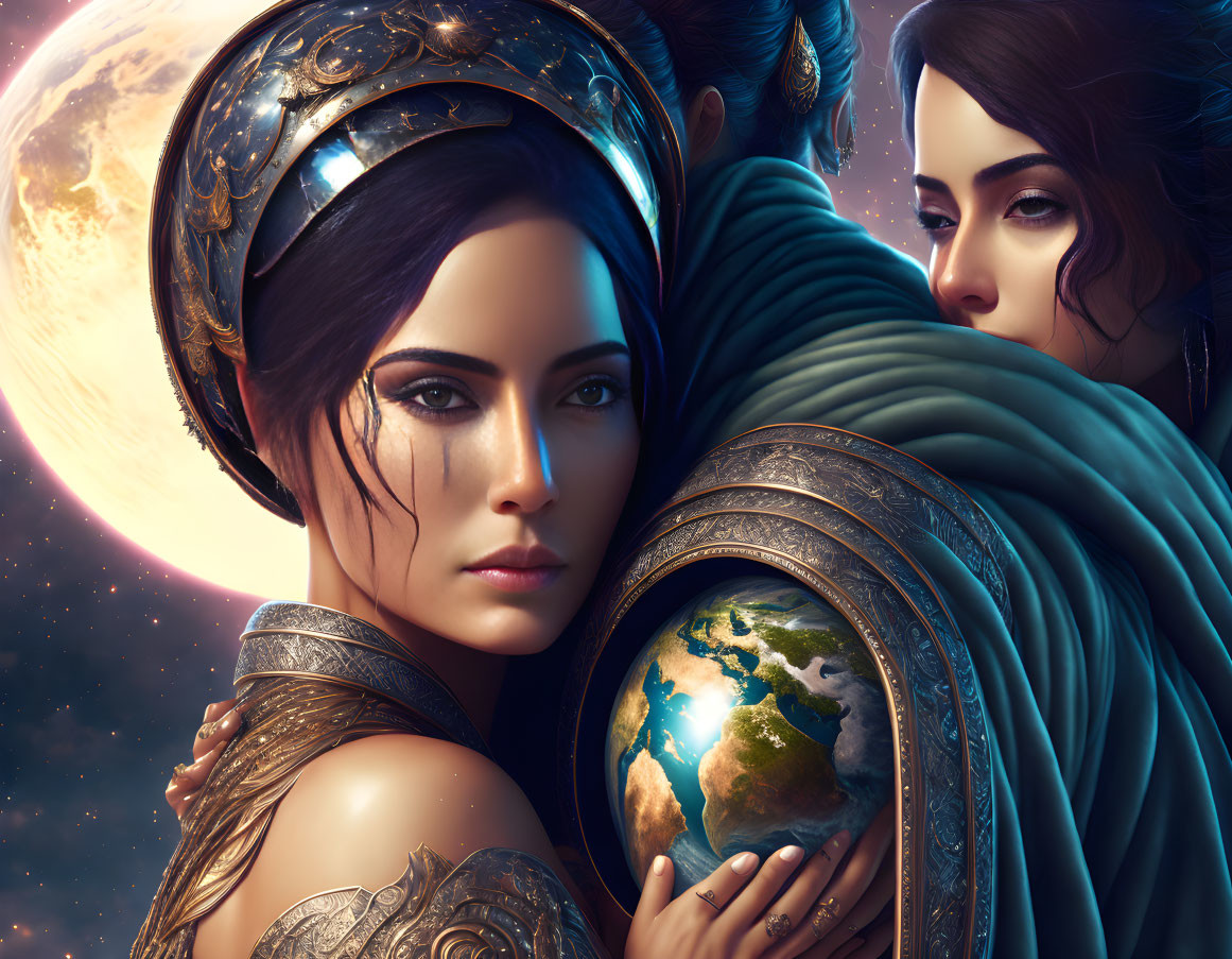 Two women in cosmic setting with Earth-like sphere, adorned in golden armor.