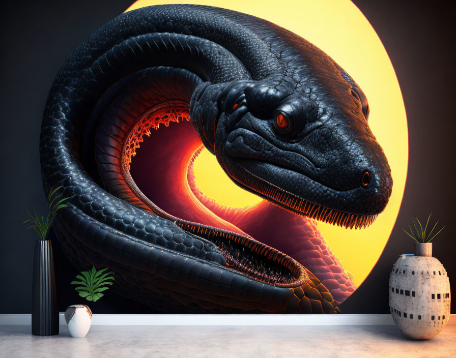 Detailed Black Snake with Glowing Red Eyes and Orange Circle Background