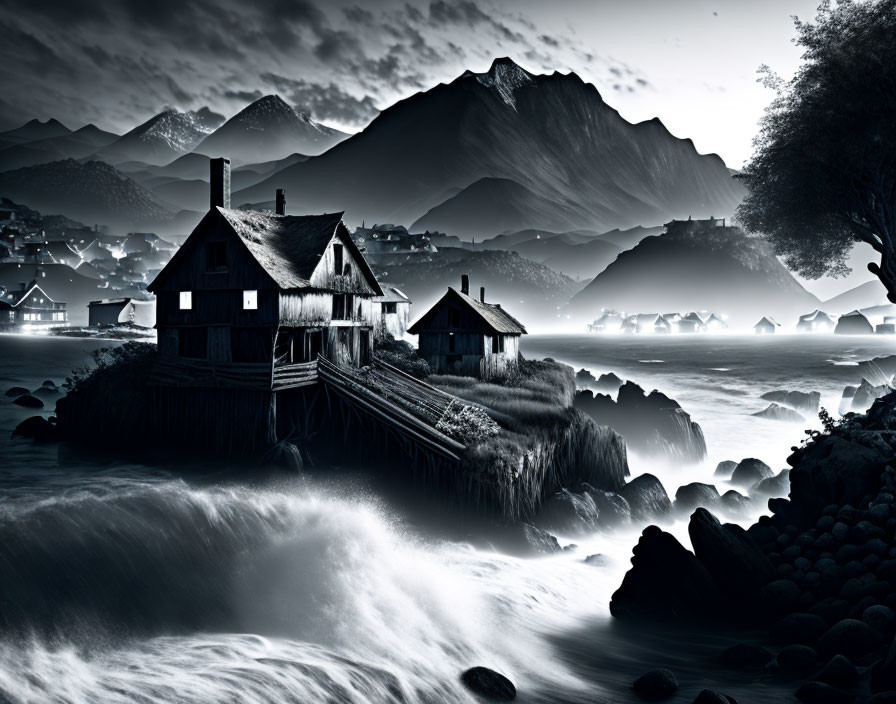 Monochromatic seascape with wooden house on stilts and misty mountains.