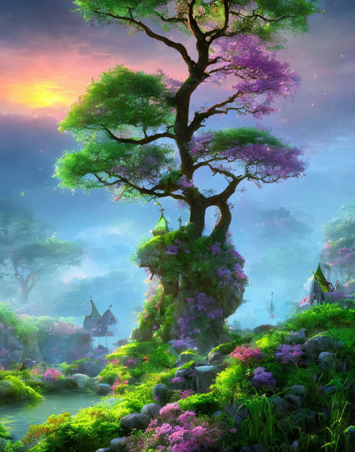 Fantastical tree with purple and green foliage in lush landscape