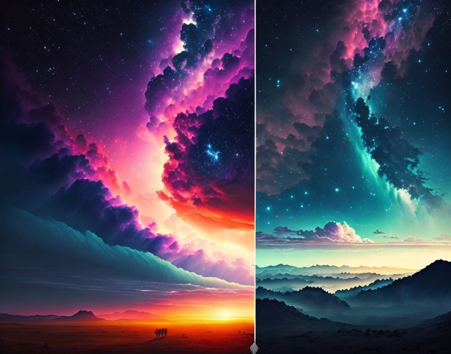 Split image: Fiery sunset sky contrasts calm starry night over mountain landscape