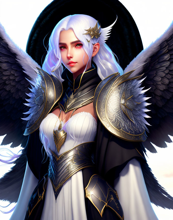 White-haired character in black and gold armor with red eyes - majestic and powerful.