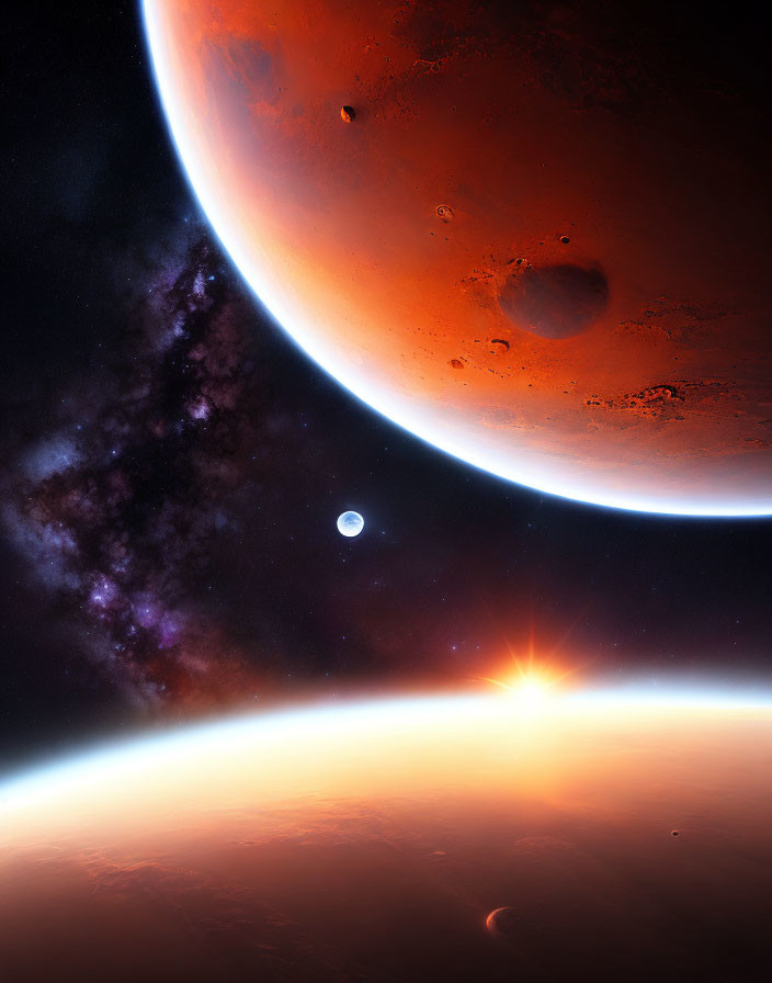 Vibrant space scene with red and rocky planets, rising sun, and distant galaxy