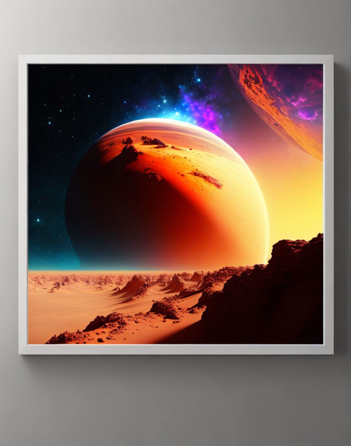 Surreal extraterrestrial landscape with large planets in vibrant framed artwork