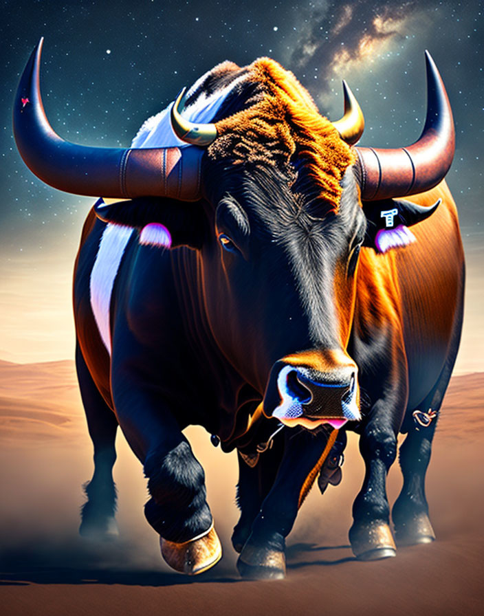 Stylized bull with sharp horns under a starry sky