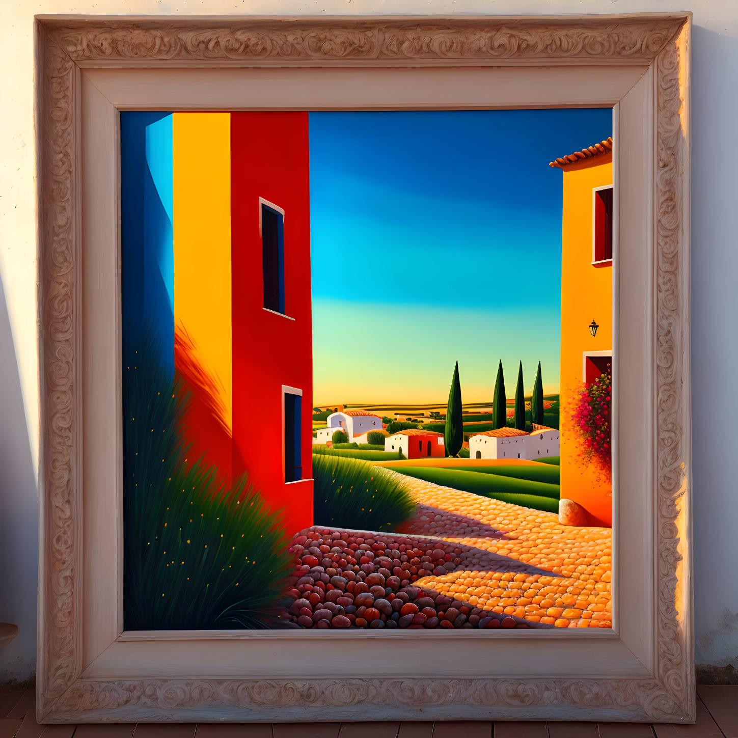 Colorful Village Scene Painting in Ornate Frame