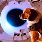 Beagle in Spacesuit gazes at Earth from spacecraft.