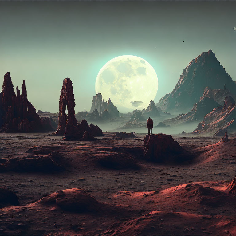 Figure on rocky alien planet gazes at rising moon and surreal rock formations