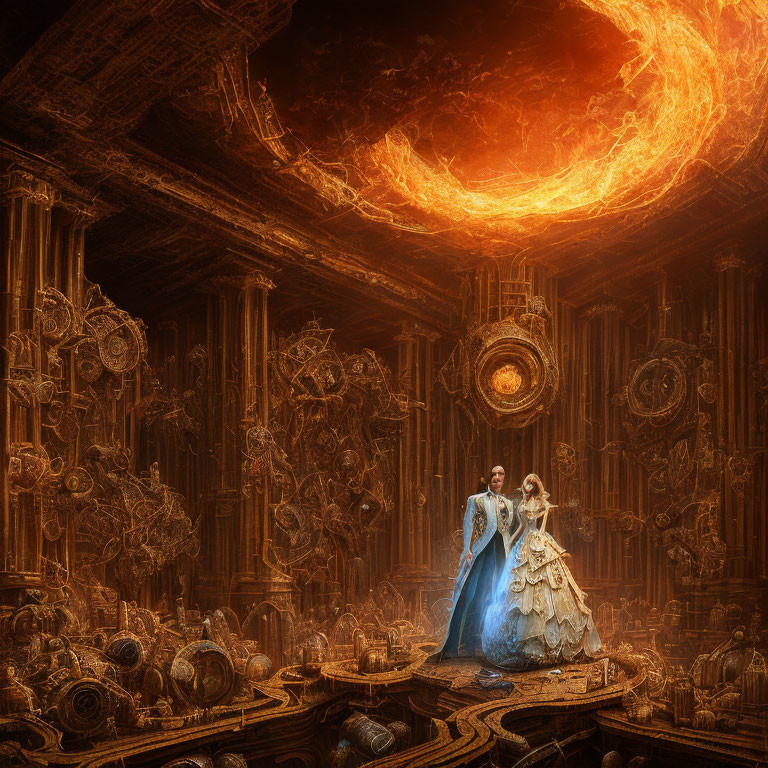 Regal couple in steampunk hall with fiery vortex