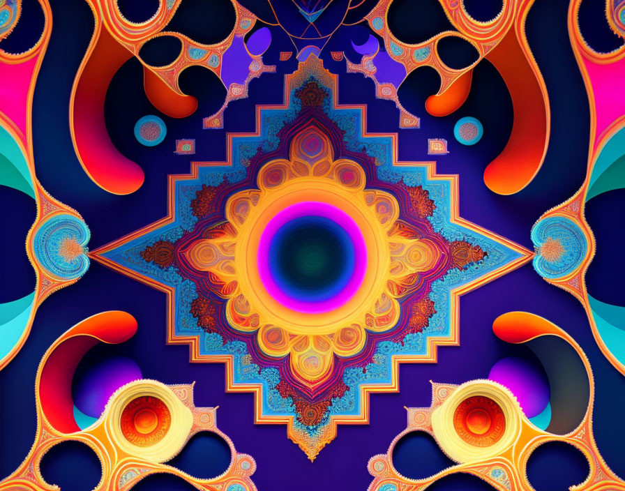 Colorful Symmetrical Mandala Fractal Art in Orange, Blue, and Purple