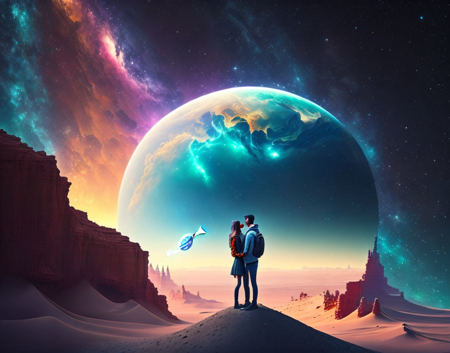 Couple on Alien Desert Landscape with Earth-like Planet and Spaceship