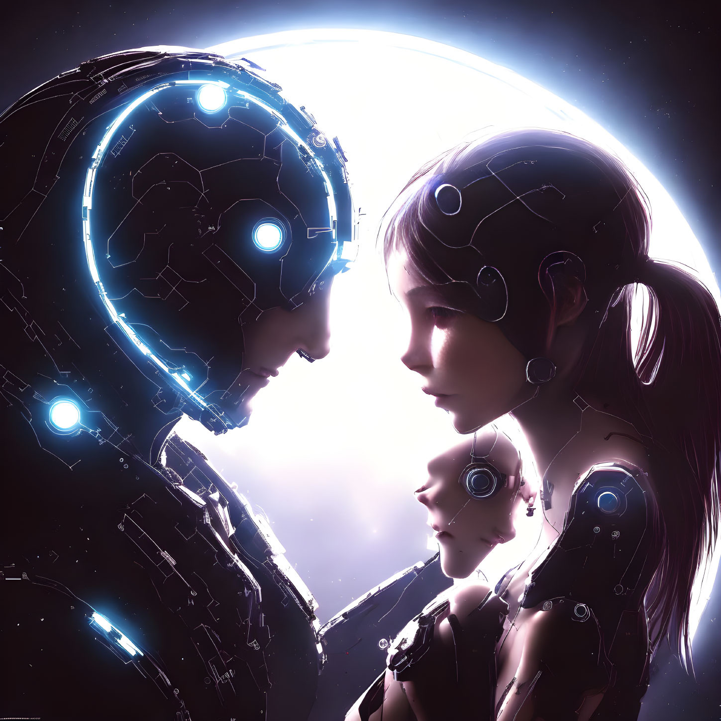 Cybernetic humanoid figures touching foreheads in space art